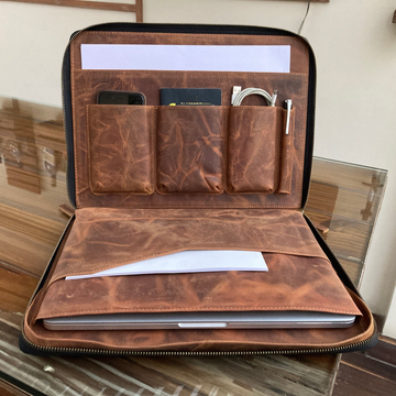 Vintage Vegetable Tanned Leather 13 Inch Laptop Zipper Portfolio