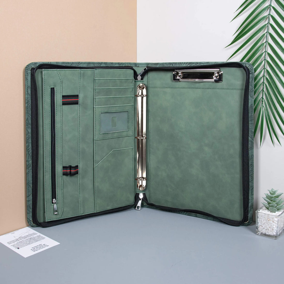 Zippered Leather Ring Binder Business Portfolio with Clipboard