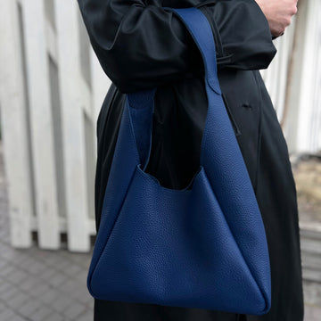 Cobalt Blue Pebbled Leather Minimal Triangle Shoulder Handbag
