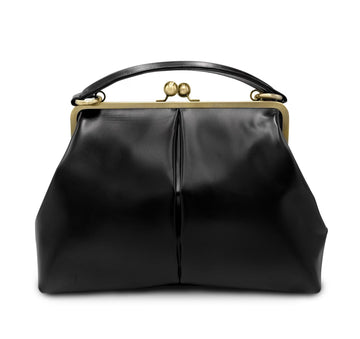Smooth Leather Large Kiss Lock Frame Top Handle Bag
