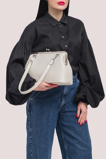 Textured Leather Kiss Lock Frame Crossbody Shoulder Bag