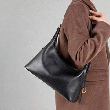 Black Smooth Leather Adjustable Thin Strap Hobo Shoulder Handbag