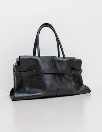 Black Textured Leather Belt Buckle Large Capacity Handbag