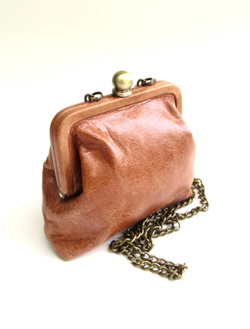 Distressed Leather Mini Kiss Lock Chain Crossbody Bag