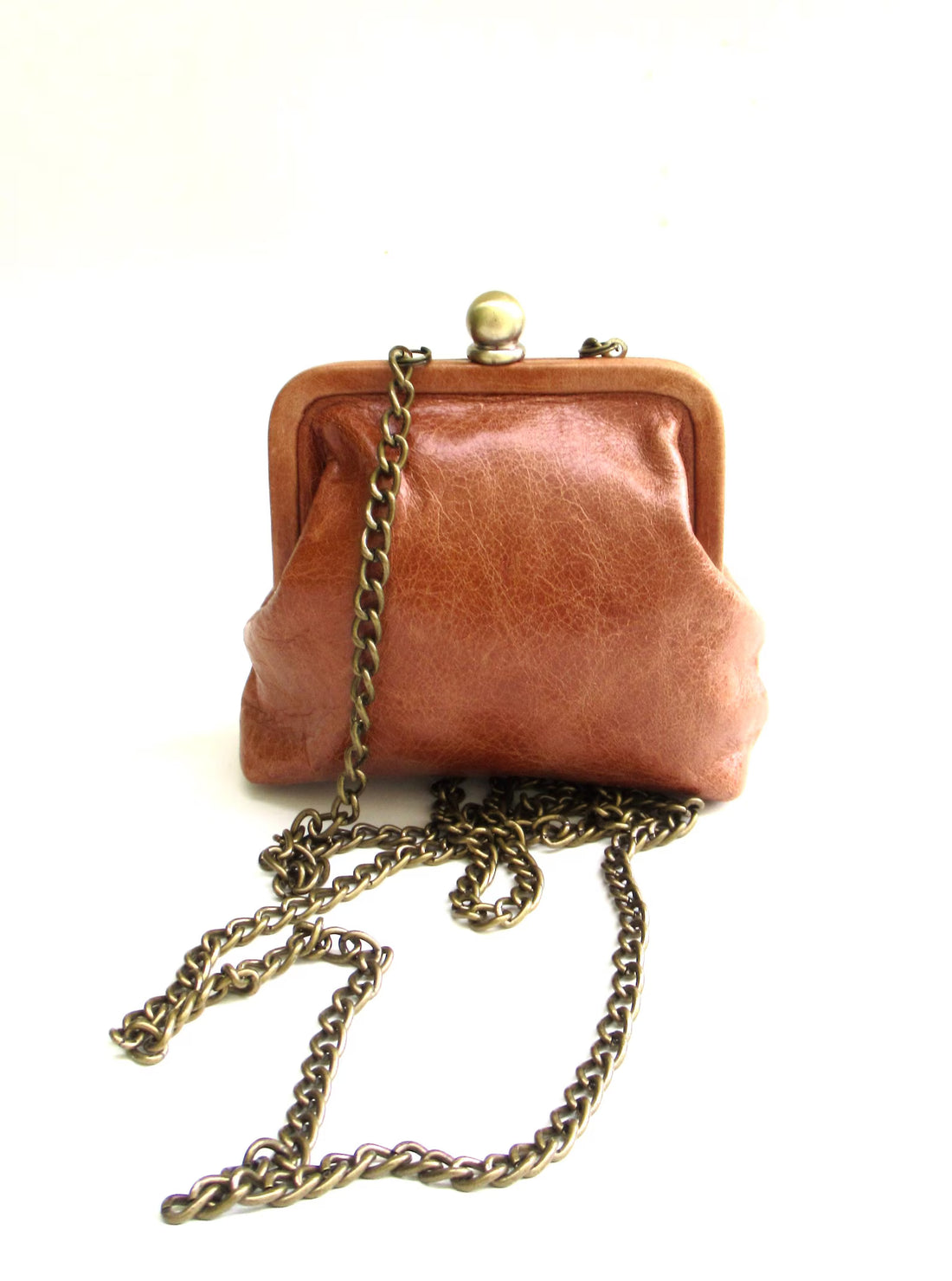 Distressed Leather Mini Kiss Lock Chain Crossbody Bag