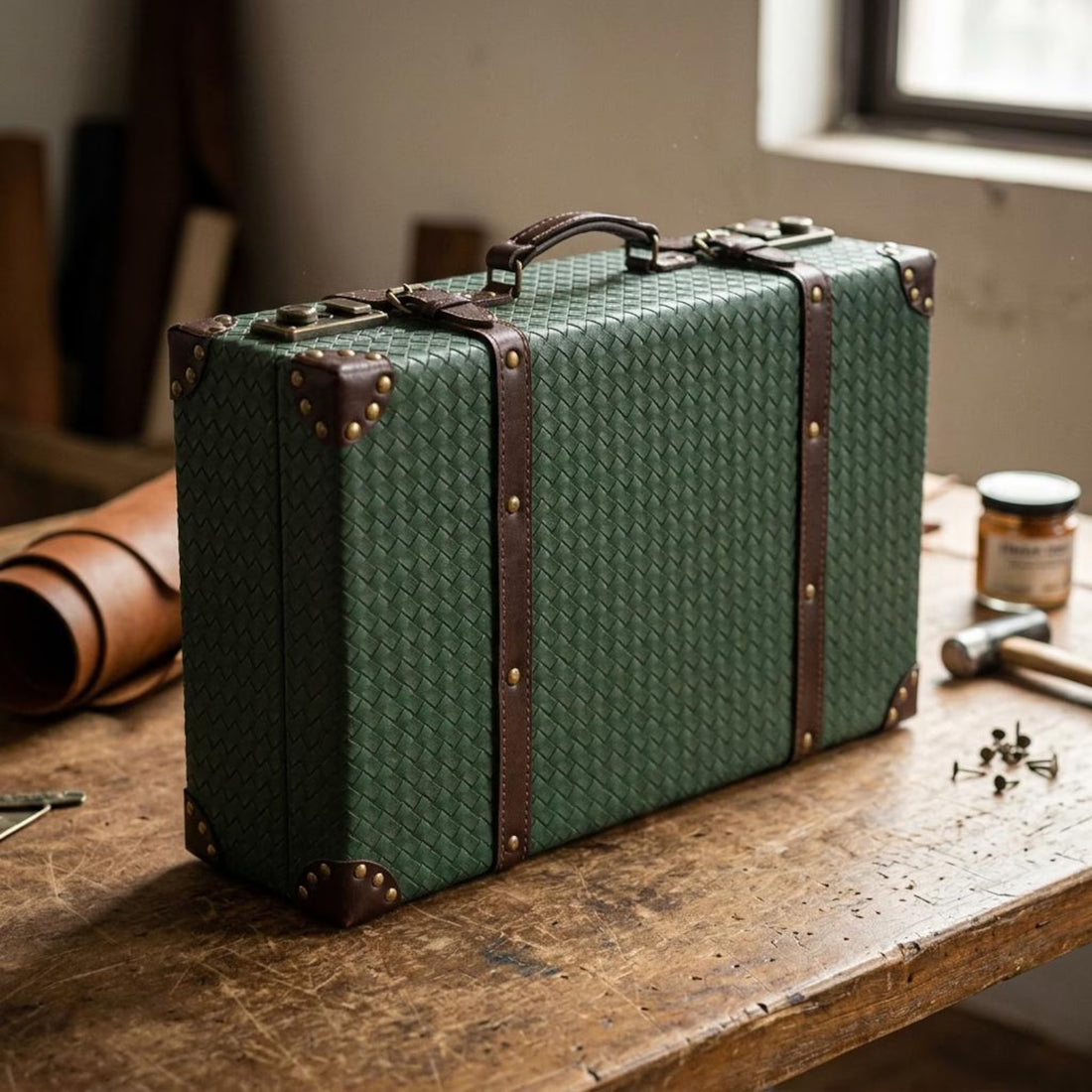 Woven Faux Leather Vintage Decorative Storage Suitcase