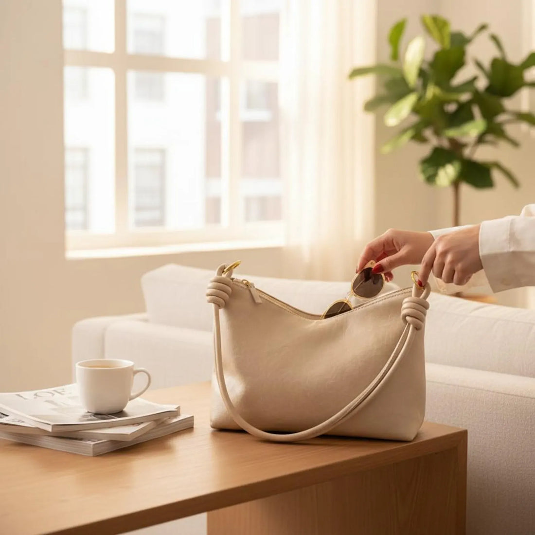 Soft Leather Knotted Strap Slouchy Hobo Handbag