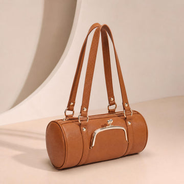 Dual Compartment Cylinder Kiss Lock Shoulder Barrel Bag