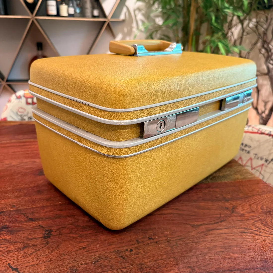 Retro Hard Vinyl Cosmetic Train Case with Mirror & Side Storage Pockets